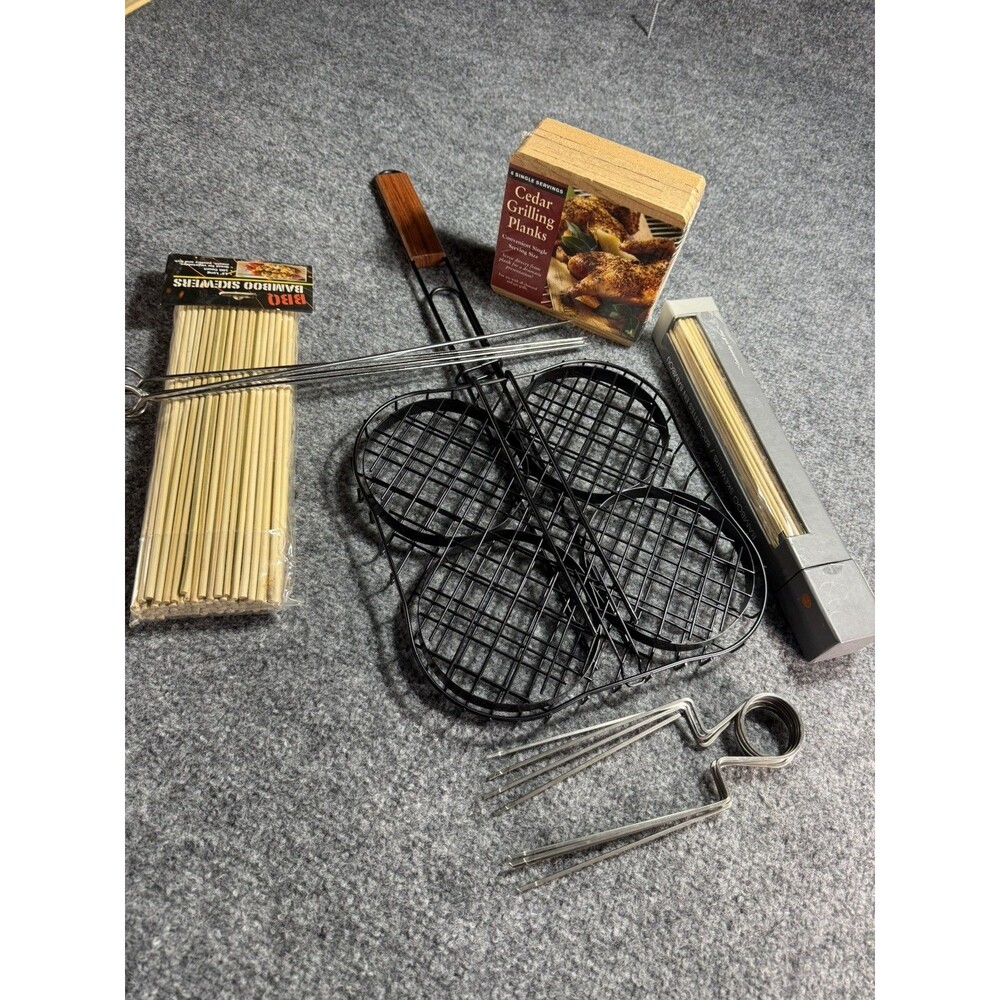 BBQ Grill Accessory Lot Grill Baskets Skewers Burger Basket Cedar Plank Set